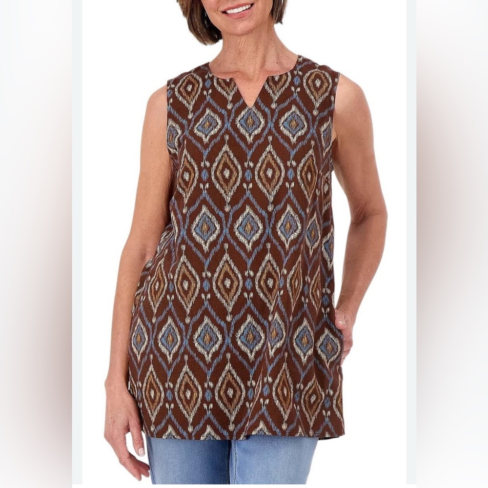 Denim & Co Naturals women’s printed sleeveless tunic top brown blue Size XS NWOT
